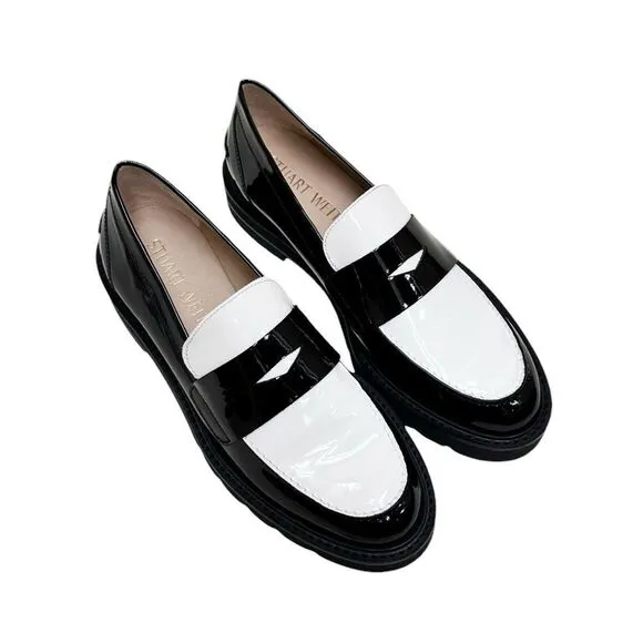 STUART WEITZMAN Palmer Black &amp; White Patent Leather Loafers