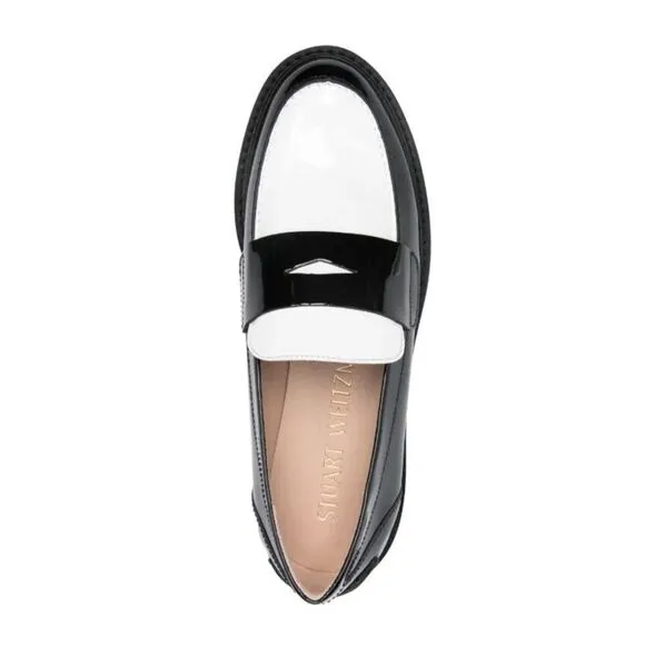 STUART WEITZMAN Palmer Black &amp; White Patent Leather Loafers