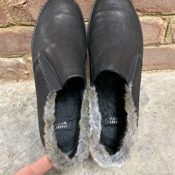 Stuart Weitzman Black Leather And Faux Fur Slip on Sneakers Size 7