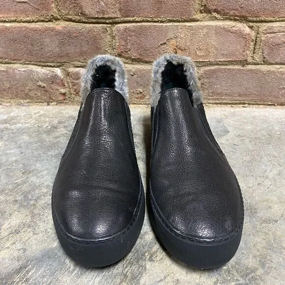 Stuart Weitzman Black Leather And Faux Fur Slip on Sneakers Size 7