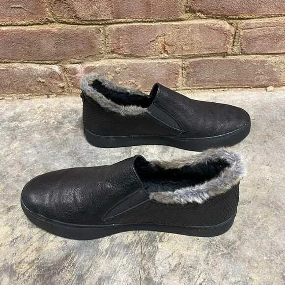 Stuart Weitzman Black Leather And Faux Fur Slip on Sneakers Size 7