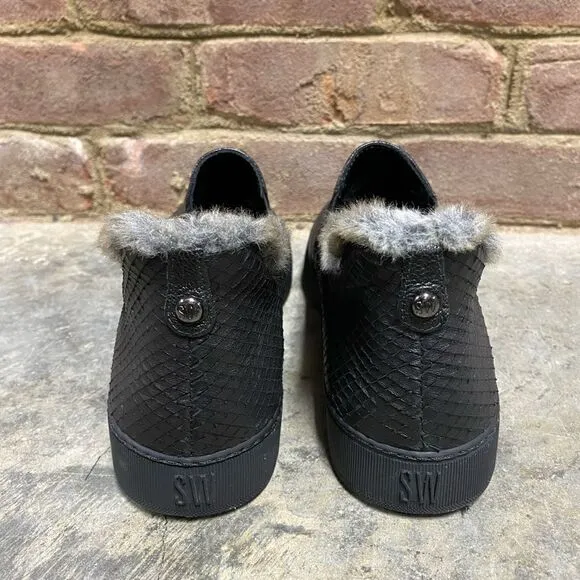 Stuart Weitzman Black Leather And Faux Fur Slip on Sneakers Size 7