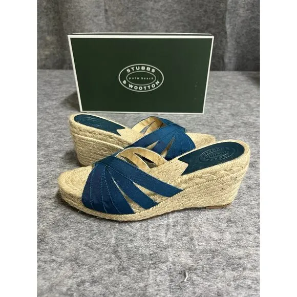 Stubbs Wooton Sandals Womens 6 Blue Teal Kelly Espadrilles Wedges Rib Open Toe