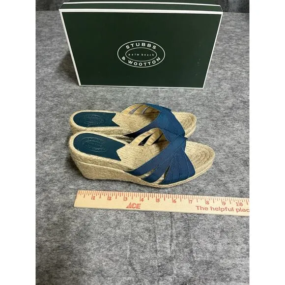Stubbs Wooton Sandals Womens 6 Blue Teal Kelly Espadrilles Wedges Rib Open Toe