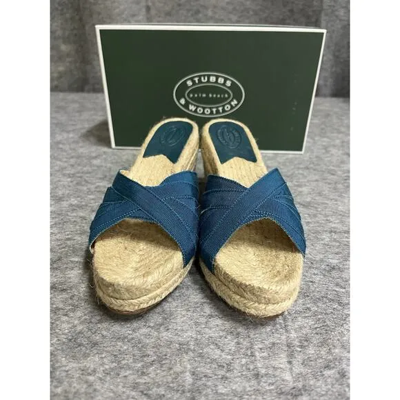 Stubbs Wooton Sandals Womens 6 Blue Teal Kelly Espadrilles Wedges Rib Open Toe