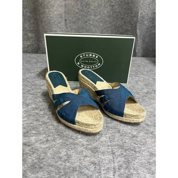 Stubbs Wooton Sandals Womens 6 Blue Teal Kelly Espadrilles Wedges Rib Open Toe