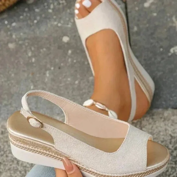 Summer New Fashion Casual Beige Middle-Aged Women's Peep Toe Wedge Sandals