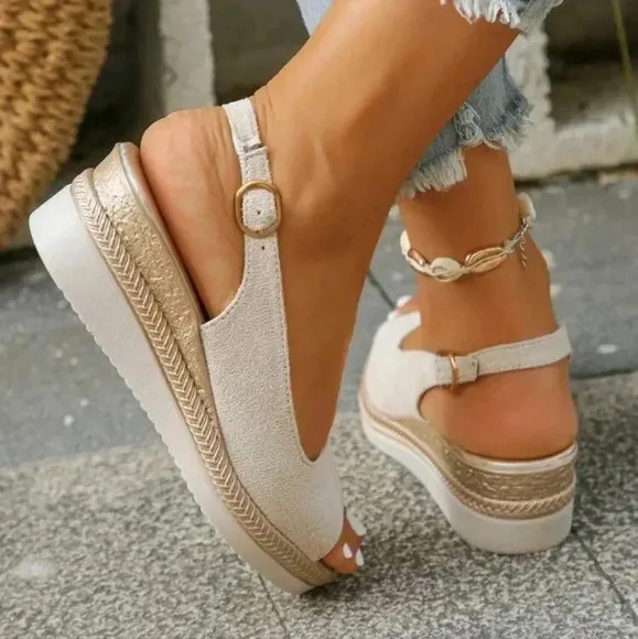 Summer New Fashion Casual Beige Middle-Aged Women's Peep Toe Wedge Sandals