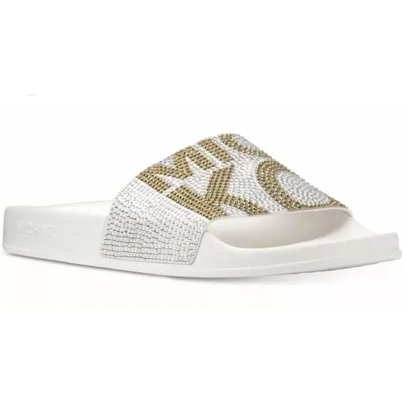 Sz10 nwot michael Kors Gilmore pool slide sandals w/logo bling gold white rhines