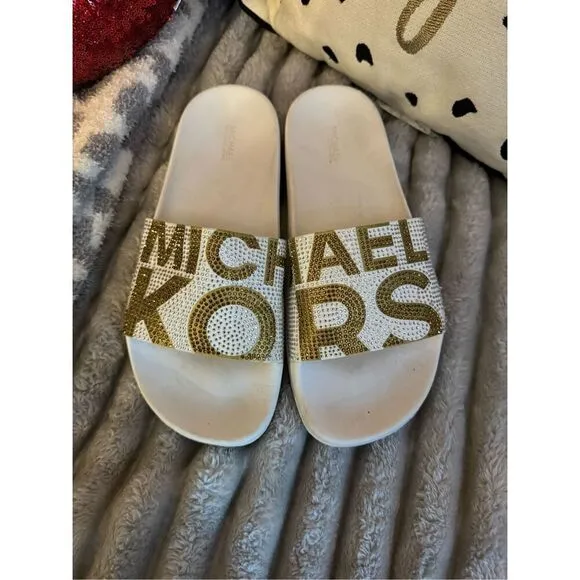Sz10 nwot michael Kors Gilmore pool slide sandals w/logo bling gold white rhines