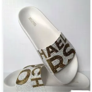Sz10 nwot michael Kors Gilmore pool slide sandals w/logo bling gold white rhines