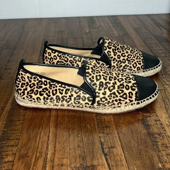 TALBOTS Izzy Flats Calf Hair Leather Espadrilles Leopard Print Cap toe size 8