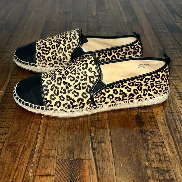 TALBOTS Izzy Flats Calf Hair Leather Espadrilles Leopard Print Cap toe size 8