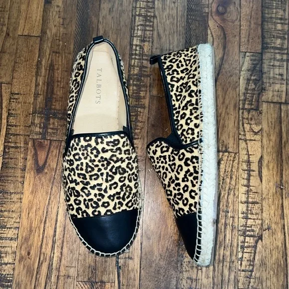 TALBOTS Izzy Flats Calf Hair Leather Espadrilles Leopard Print Cap toe size 8