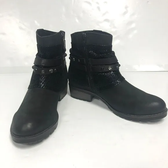 Tamaris Bootie Womens 39 US 7.5 Black Leather Studded Strap Side Zip Lined Moto