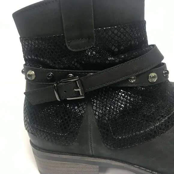 Tamaris Bootie Womens 39 US 7.5 Black Leather Studded Strap Side Zip Lined Moto