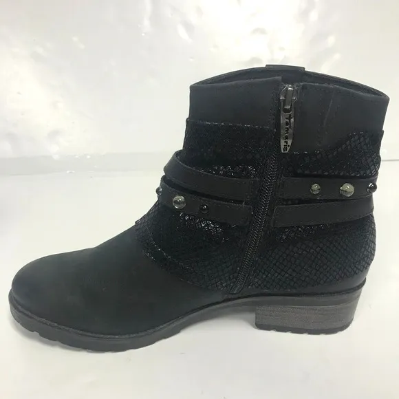 Tamaris Bootie Womens 39 US 7.5 Black Leather Studded Strap Side Zip Lined Moto