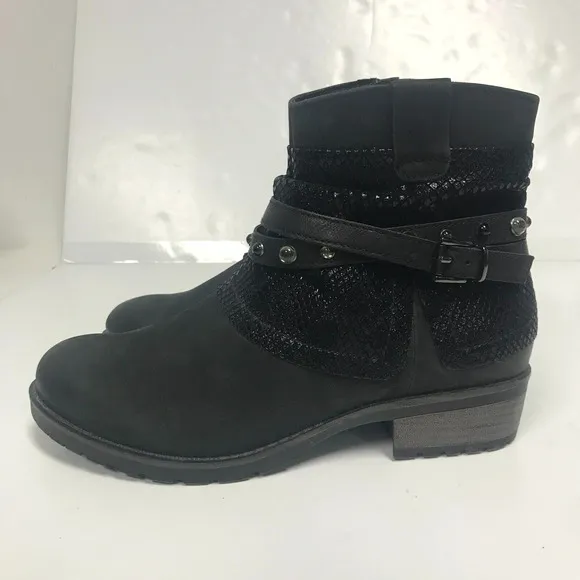 Tamaris Bootie Womens 39 US 7.5 Black Leather Studded Strap Side Zip Lined Moto