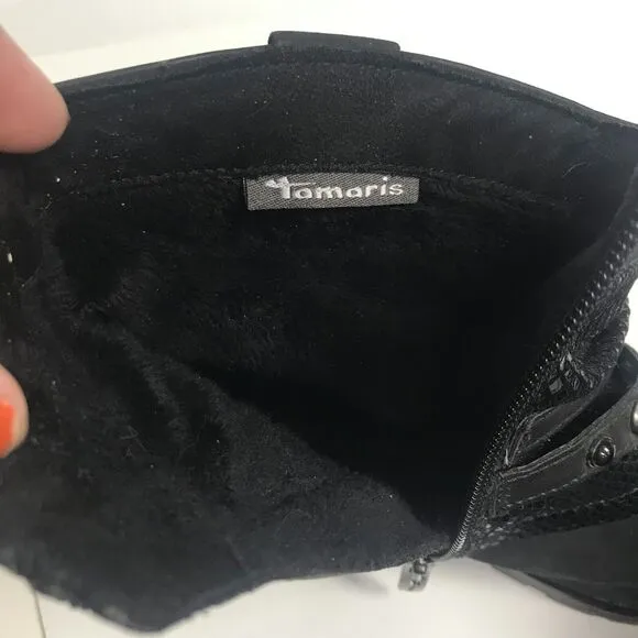 Tamaris Bootie Womens 39 US 7.5 Black Leather Studded Strap Side Zip Lined Moto