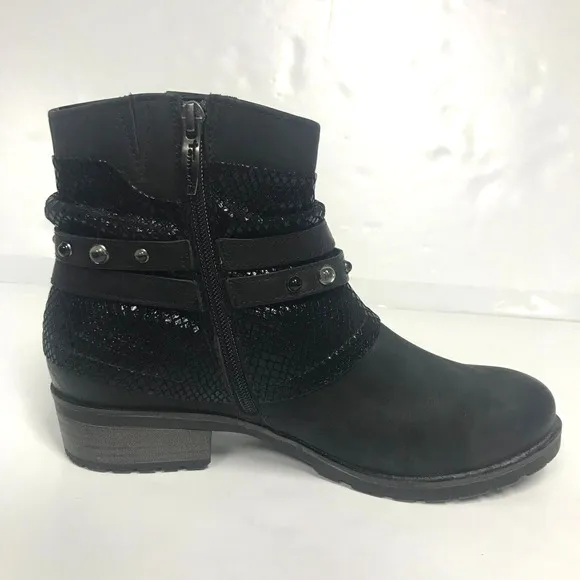 Tamaris Bootie Womens 39 US 7.5 Black Leather Studded Strap Side Zip Lined Moto