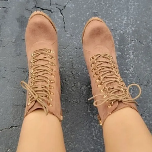 Taupe Lace up Platform Lug Sole Heeled Boots