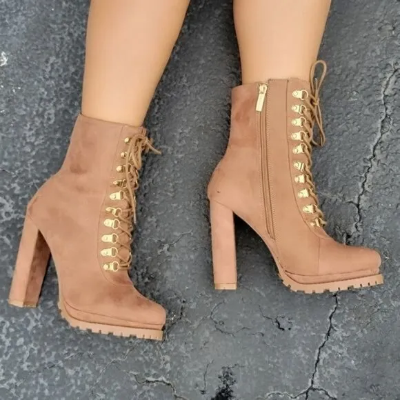 Taupe Lace up Platform Lug Sole Heeled Boots