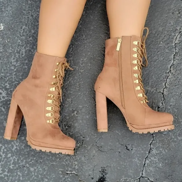 Taupe Lace up Platform Lug Sole Heeled Boots