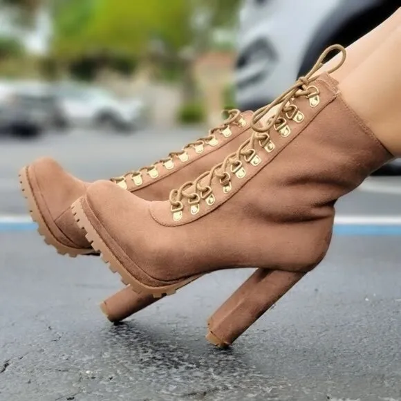 Taupe Lace up Platform Lug Sole Heeled Boots