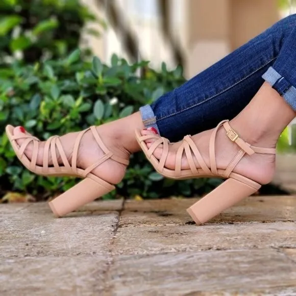 Taupe Strappy Open Toe Chunky Heel Sandals