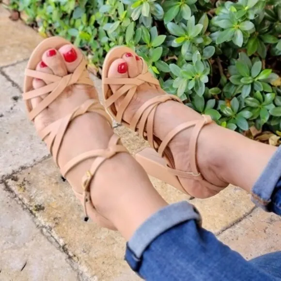 Taupe Strappy Open Toe Chunky Heel Sandals