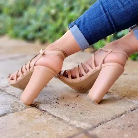 Taupe Strappy Open Toe Chunky Heel Sandals