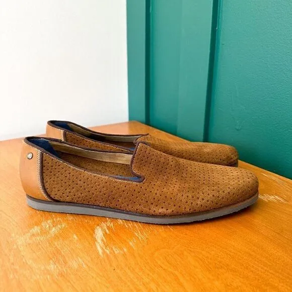Ted Baker Men’s Oshua Perforated Suede Cognac Brown Leather Slip on Loafers