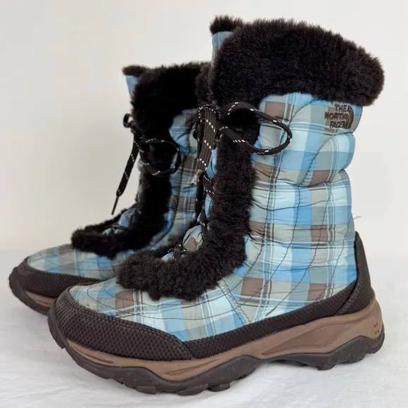 The North Face Nuptse Girls Size 5 Plaid Puffer Boots