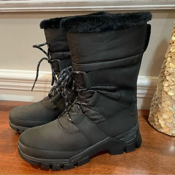 TIMBERLAND Jenness Pull-On Waterproof Boots, Faux Fur Lined Black size 6.5 NEW