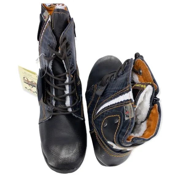 TMA EYES Black Plaid Distressed Faux Fur Lined Leather Combat Boots 8.5 Women's