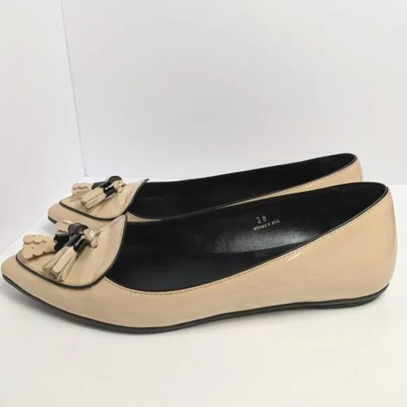 TOD'S Beige Ecru Patent Leather Pointed Toe Tassel Womens Loafer Flat 38 EU 8 US