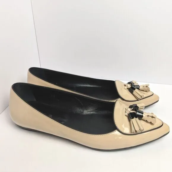 TOD'S Beige Ecru Patent Leather Pointed Toe Tassel Womens Loafer Flat 38 EU 8 US