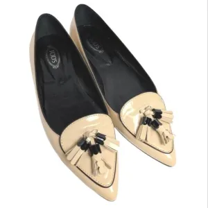 TOD'S Beige Ecru Patent Leather Pointed Toe Tassel Womens Loafer Flat 38 EU 8 US