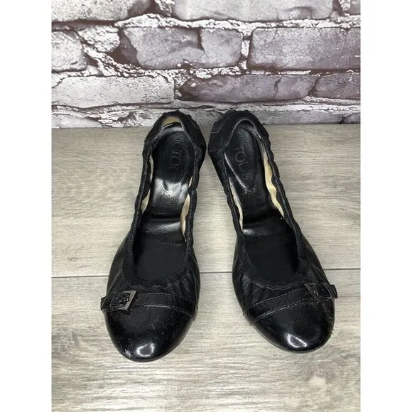 Tod's Black Leather Cap Toe Buckle Ballerina Ballet Flats Women's Sz 10M US/41EU