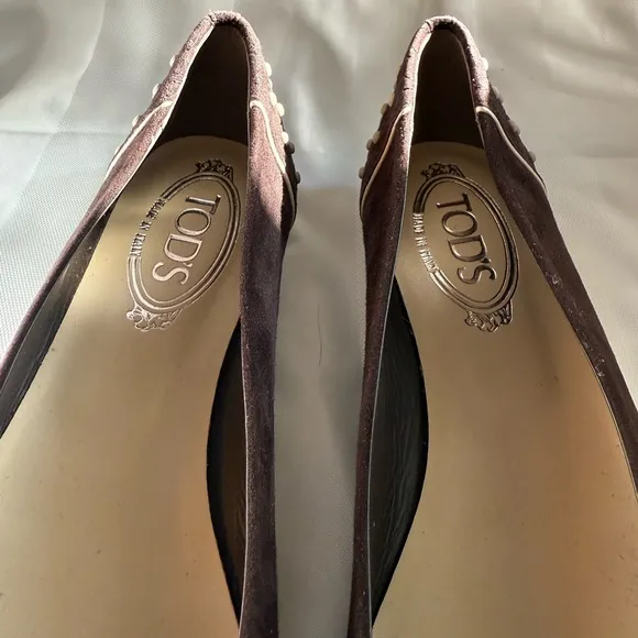 Tod’s Brown Suede Ballerina Flats with Pearl Accents — Size 38 1/2