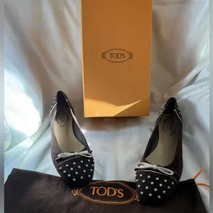 Tod’s Brown Suede Ballerina Flats with Pearl Accents — Size 38 1/2
