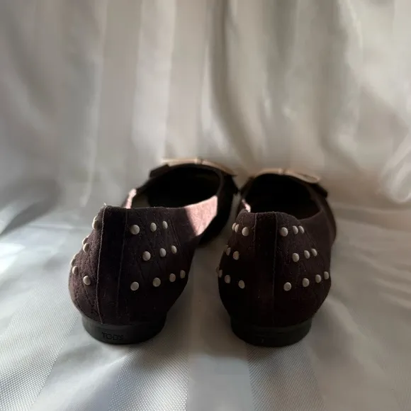Tod’s Brown Suede Ballerina Flats with Pearl Accents — Size 38 1/2