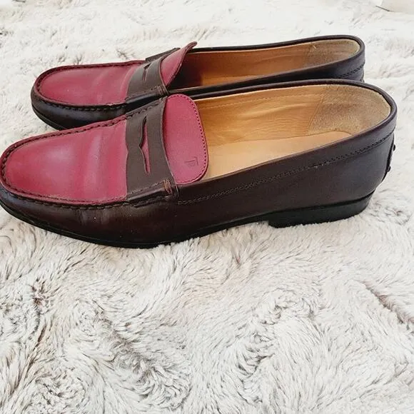 TODS BURGANDY/BROWN GOMMINO DRIVER LOAFERS SIZE 8.5