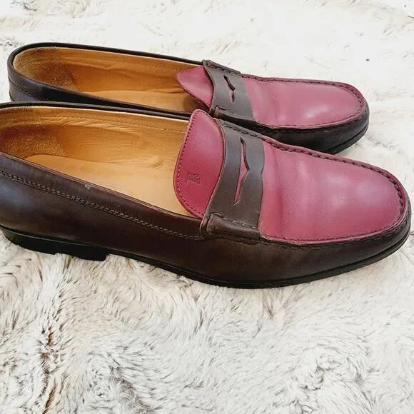 TODS BURGANDY/BROWN GOMMINO DRIVER LOAFERS SIZE 8.5