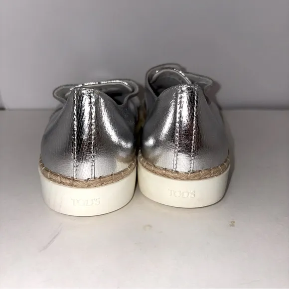 Tod's‎ Francesina Espadrille Slip-on Shoes Raffia Metallic Silver Leather 7.5