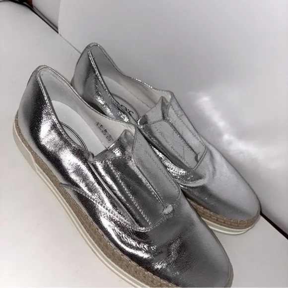 Tod's‎ Francesina Espadrille Slip-on Shoes Raffia Metallic Silver Leather 7.5