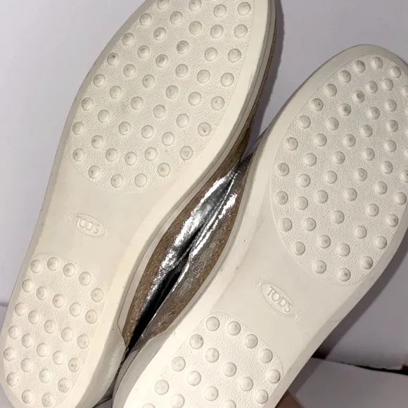 Tod's‎ Francesina Espadrille Slip-on Shoes Raffia Metallic Silver Leather 7.5