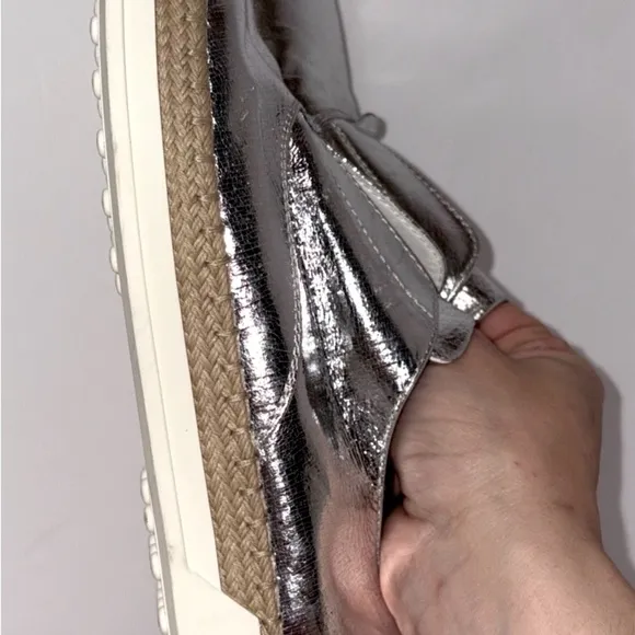 Tod's‎ Francesina Espadrille Slip-on Shoes Raffia Metallic Silver Leather 7.5