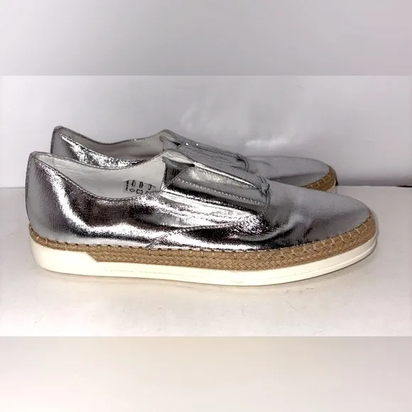 Tod's‎ Francesina Espadrille Slip-on Shoes Raffia Metallic Silver Leather 7.5