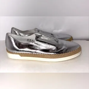 Tod's‎ Francesina Espadrille Slip-on Shoes Raffia Metallic Silver Leather 7.5